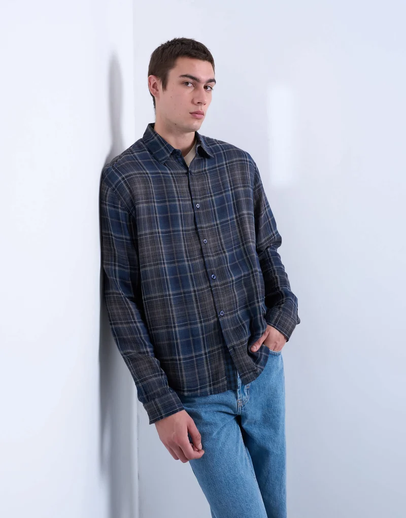 Topman regular fit sheer check shirt in navy