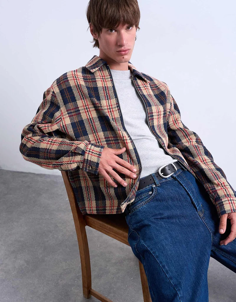 Topman regular fit textured check overshirt with zip in navy