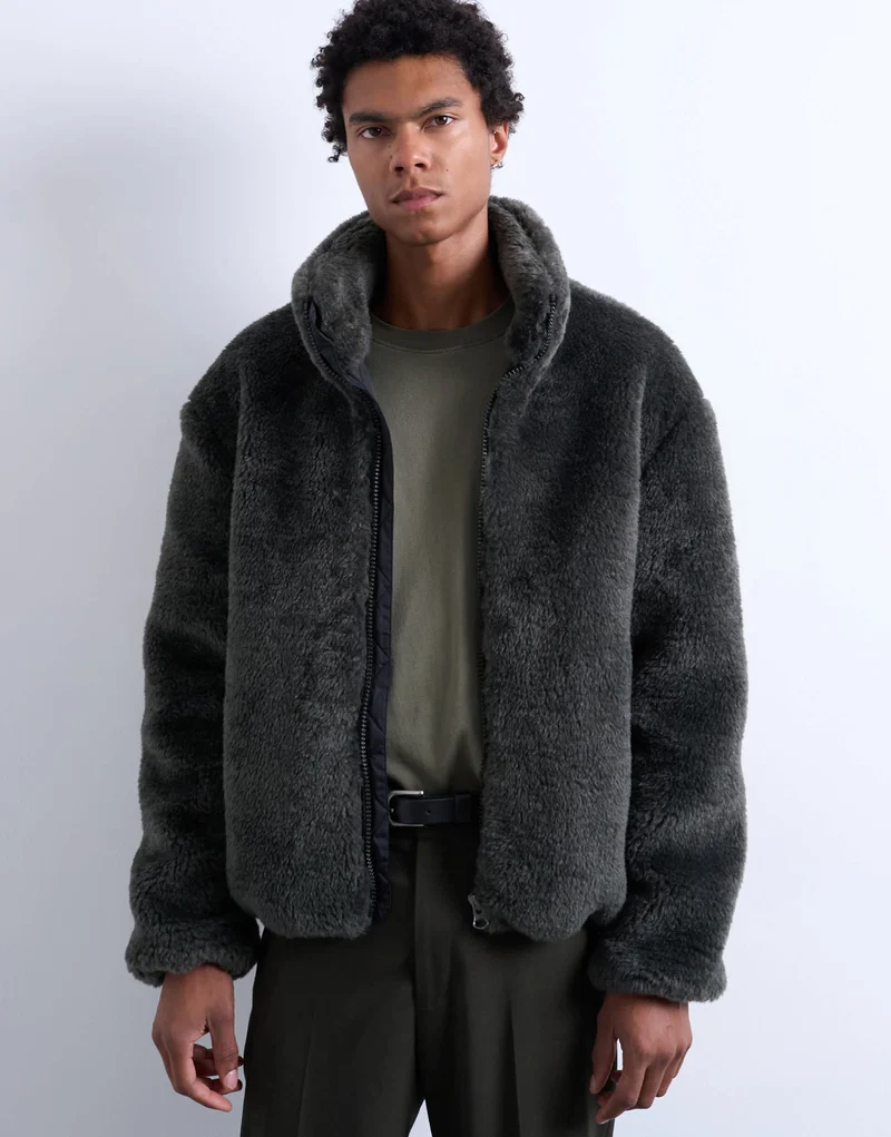 Topman faux fur funnel neck jacket in dark grey