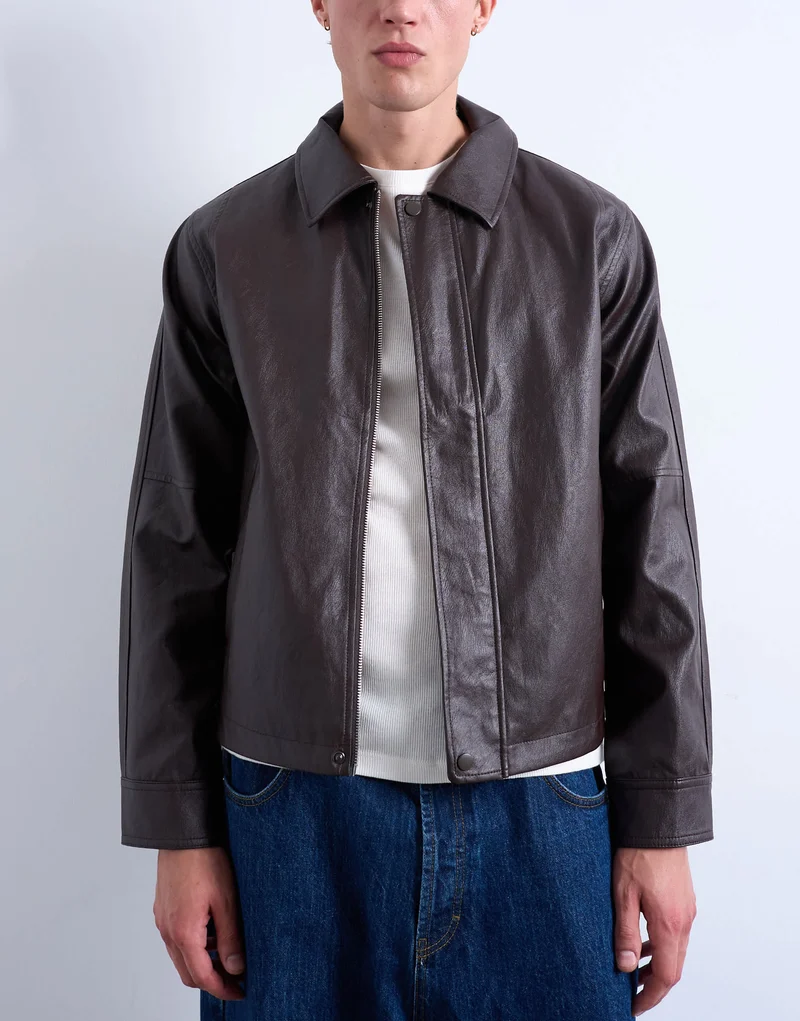 Topman faux leather smart jacket in burgundy