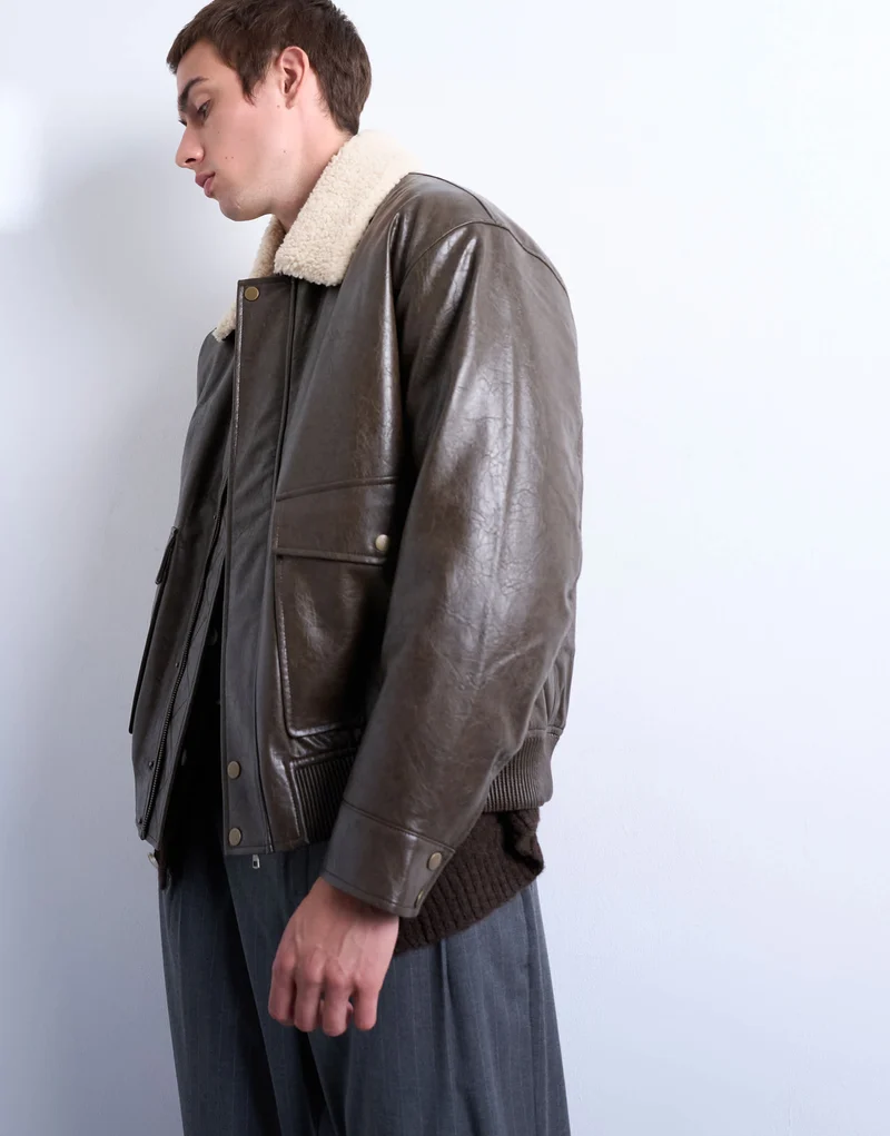 Topman faux leather borg collar washed jacket in chocolate