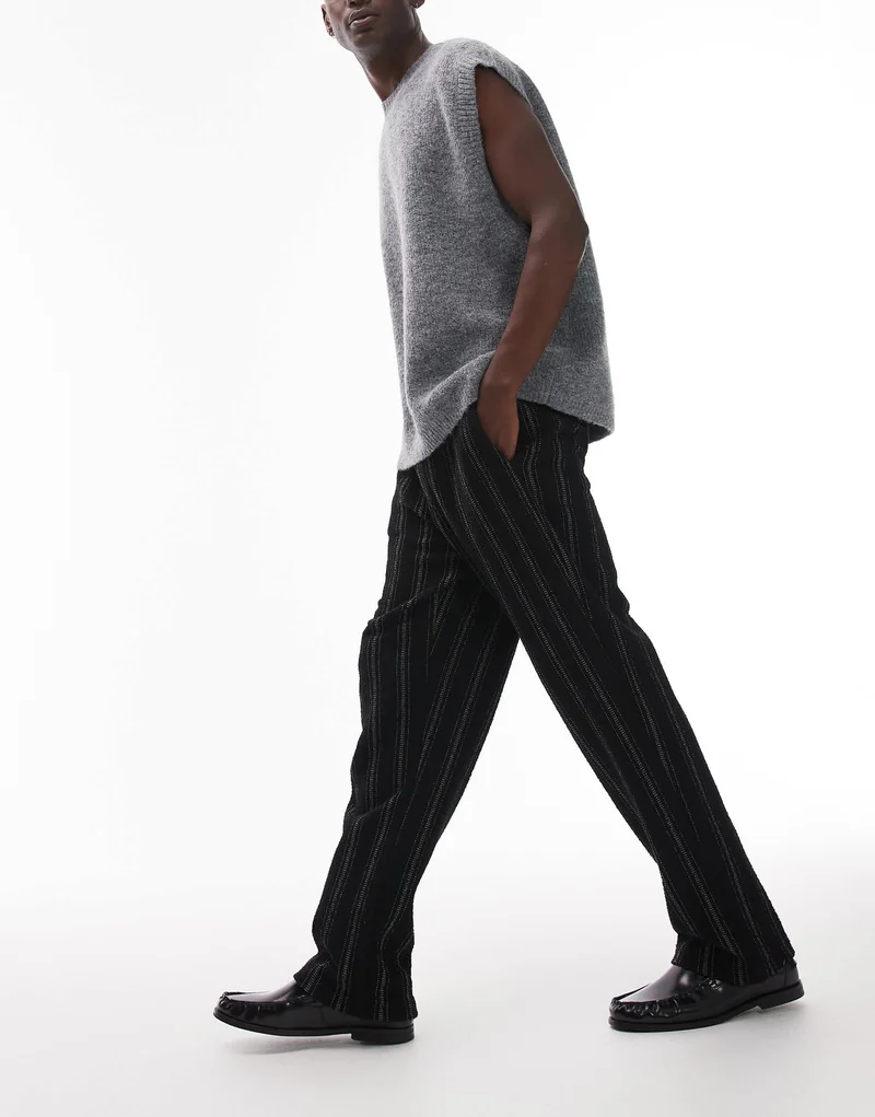Topman straight fit jogger with textured stripe in black