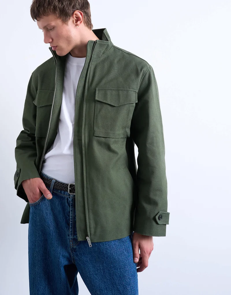 Topman double pocket funnel neck canvas jacket in green