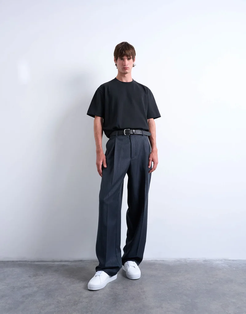 Topman wide leg pleated stripe trouser in grey