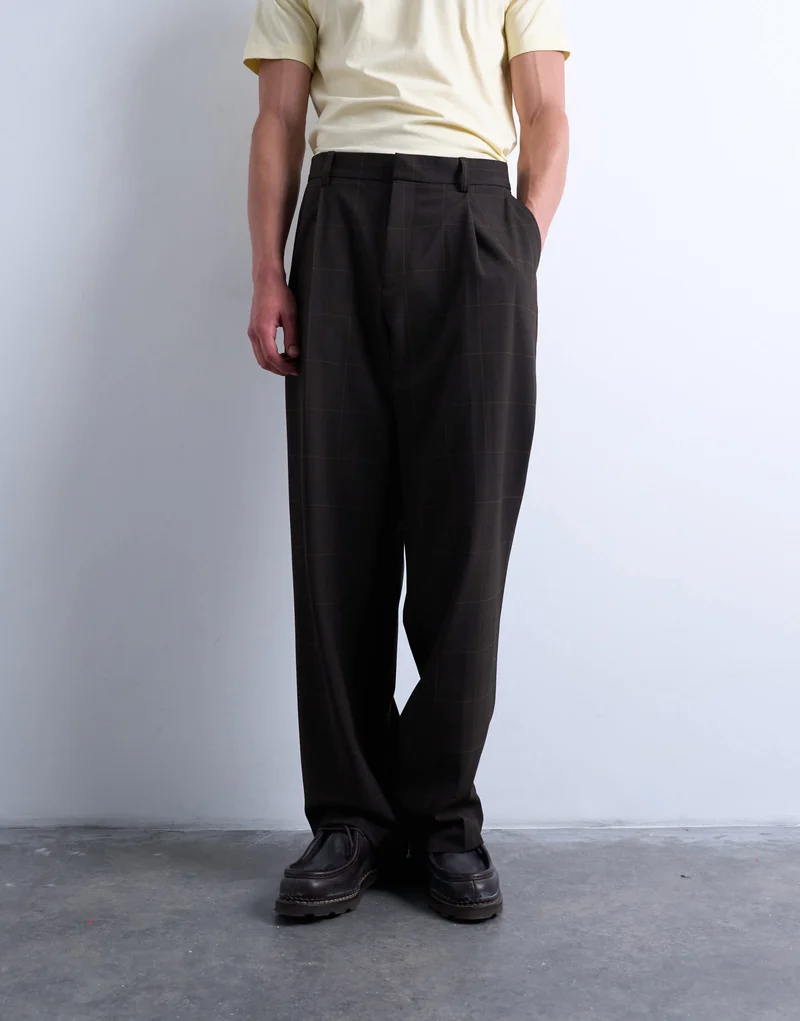 Topman wide leg check smart trousers in chocolate