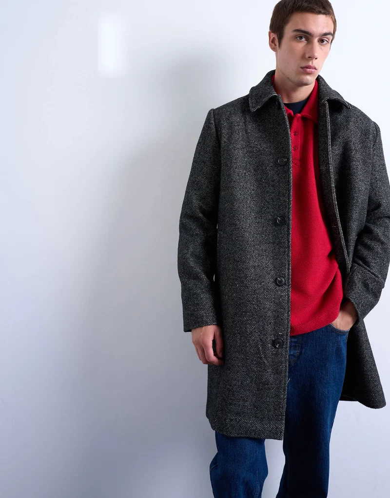 Topman herringbone wool blend overcoat in black
