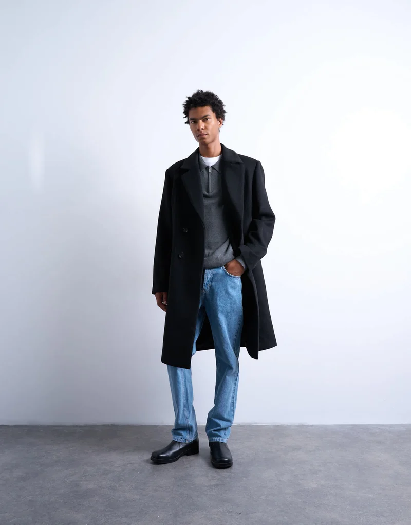 Topman double breasted wool blend overcoat in black