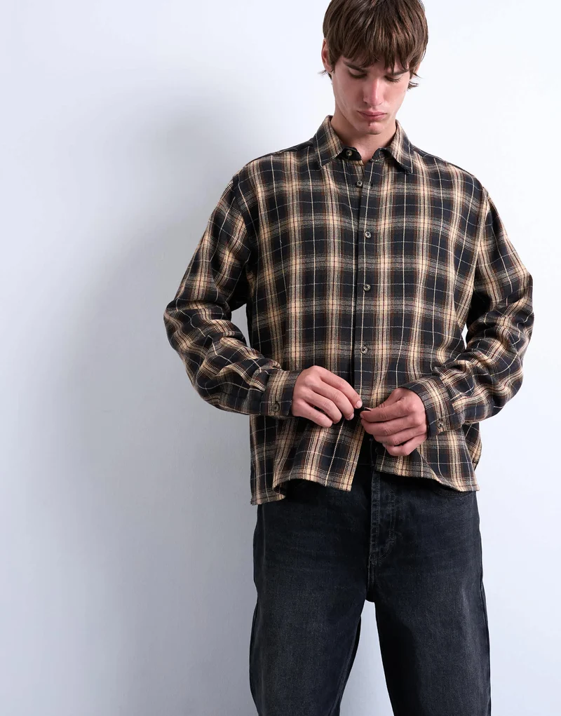 Topman relaxed fit crop flannel shirt in brown check