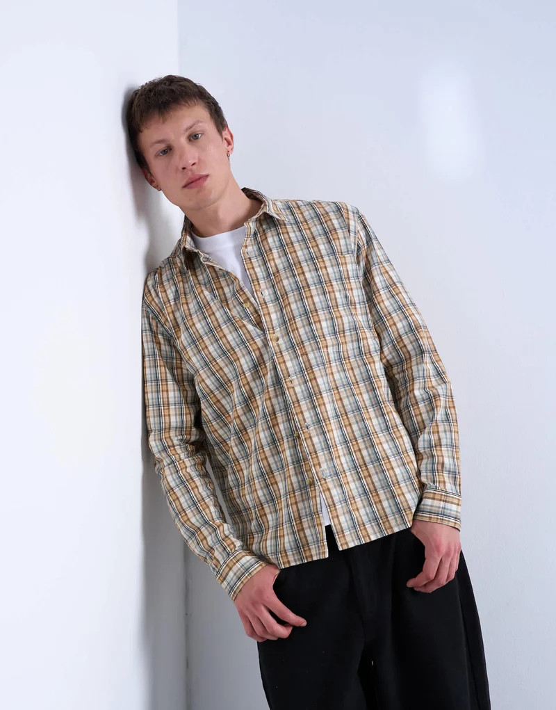 Topman regular fit textured check shirt in stone