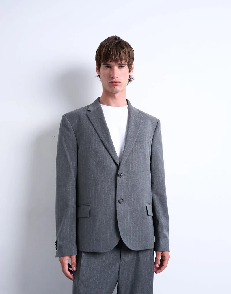 Topman relaxed boxy blazer in charcoal pinstripe