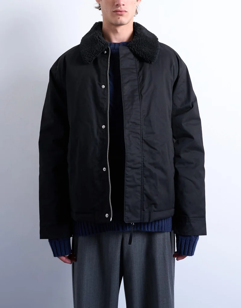Topman padded coach jacket with borg collar in black