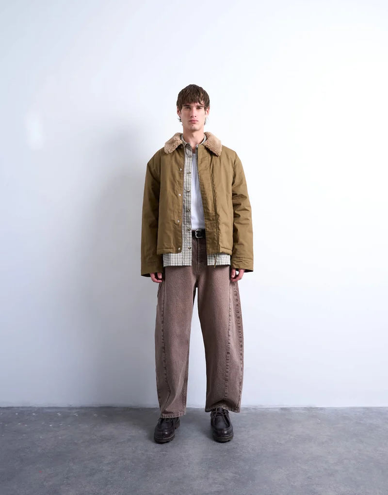 Topman padded coach jacket with borg collar in stone