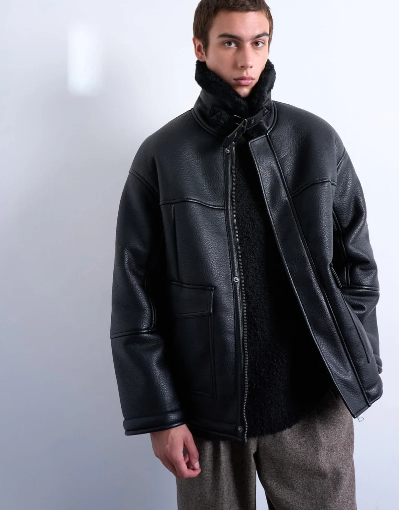 Topman faux shearling jacket with patch pockets in black