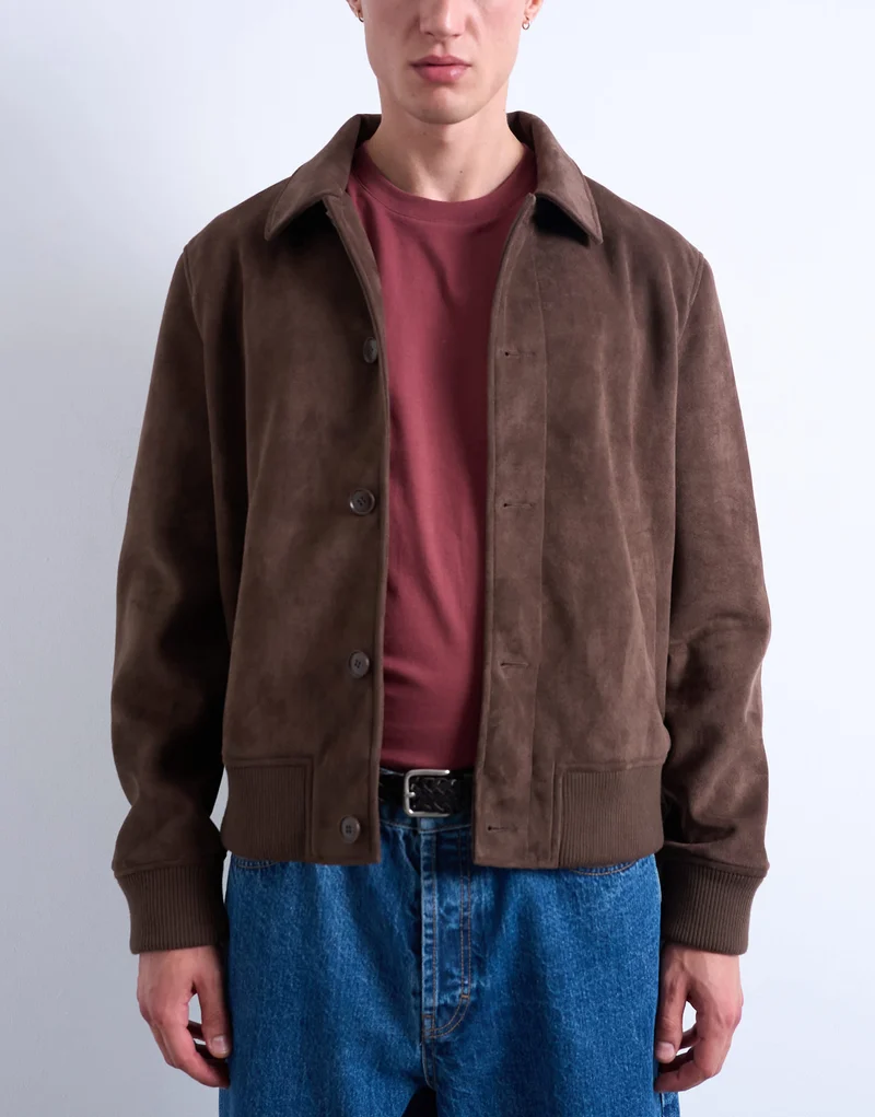 Topman faux suede harrington jacket in brown