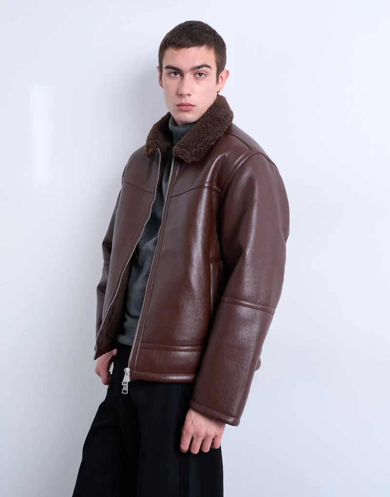 Topman faux shearling jacket with zip pockets in brown