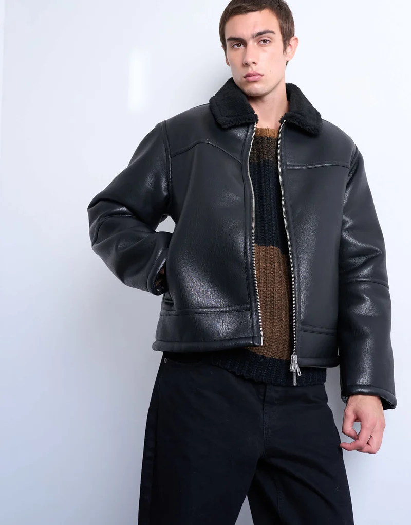 Topman faux shearling jacket with zip pockets in black