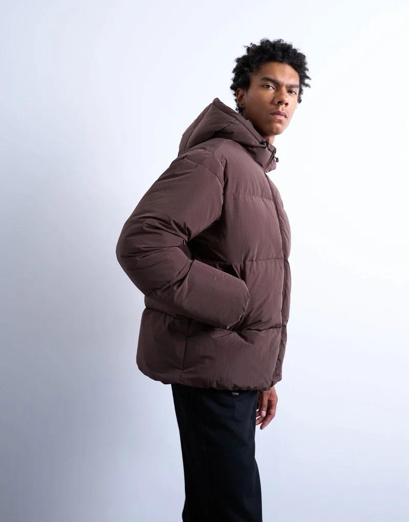 Topman textured puffer jacket in dark brown