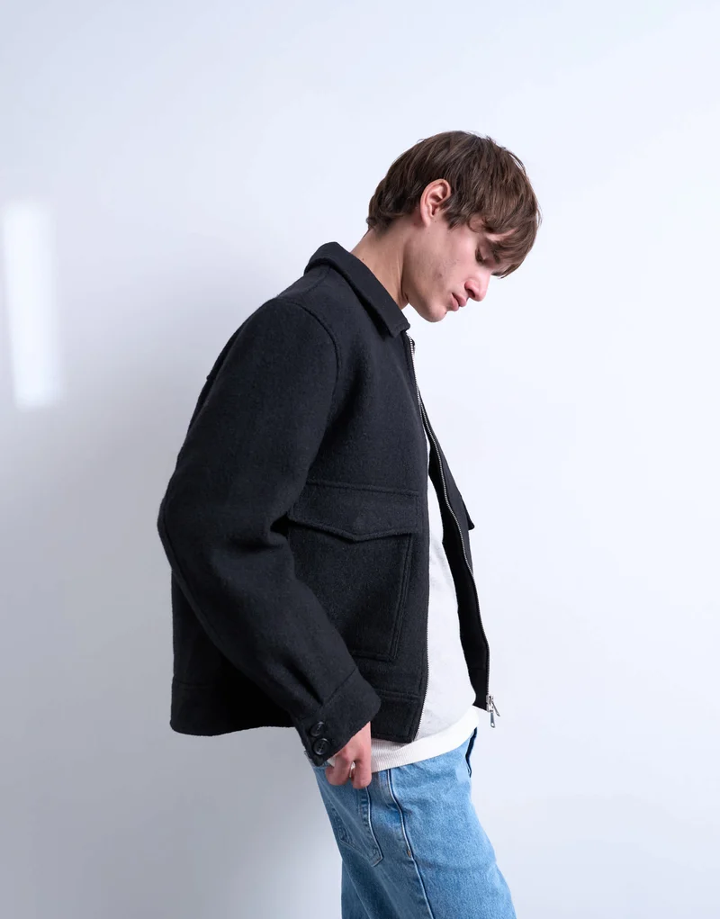 Topman wool blend zip through shacket in dark grey