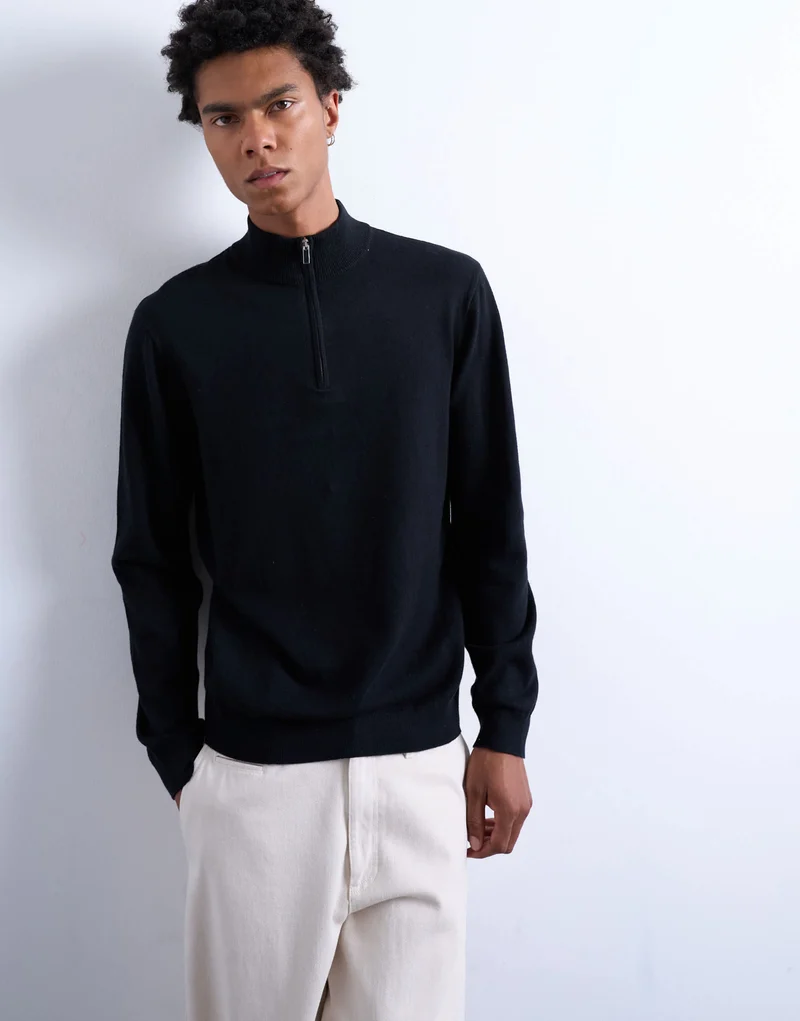 Topman essential knitted 1/4 zip funnel in black