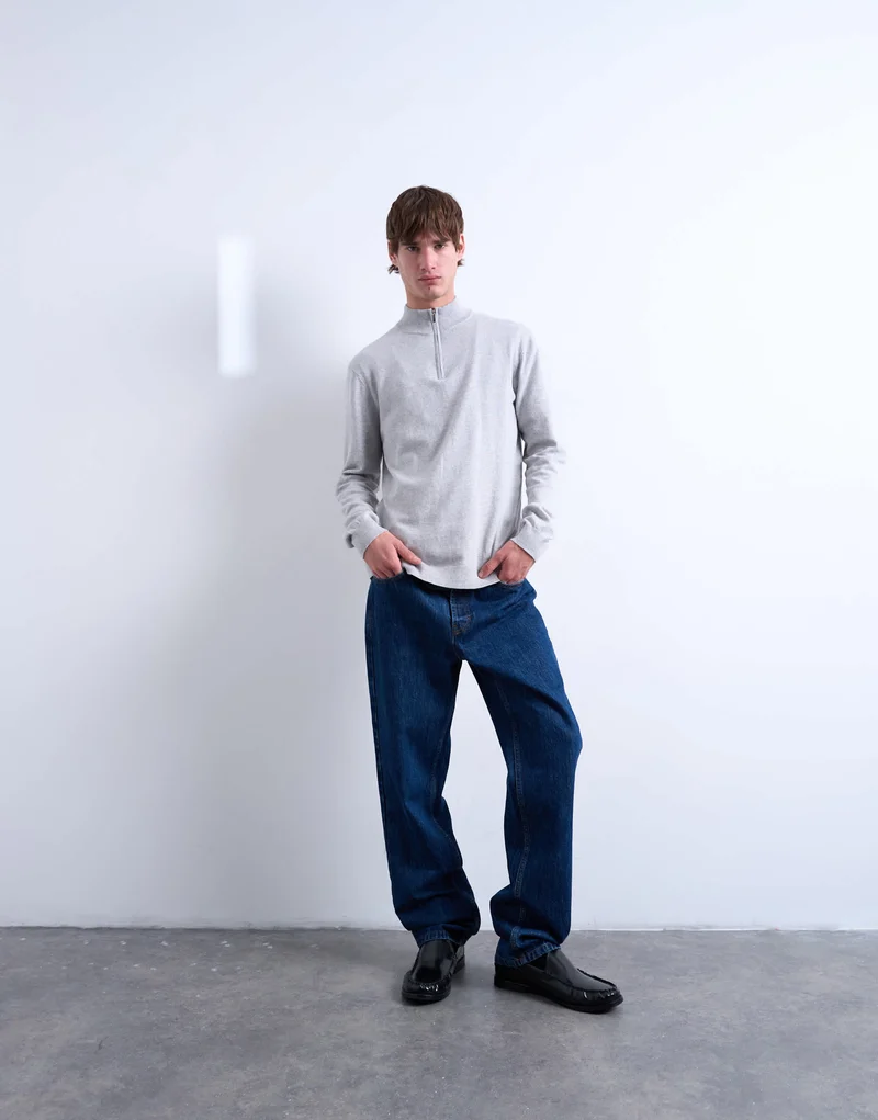 Topman essential knitted 1/4 zip funnel in light grey