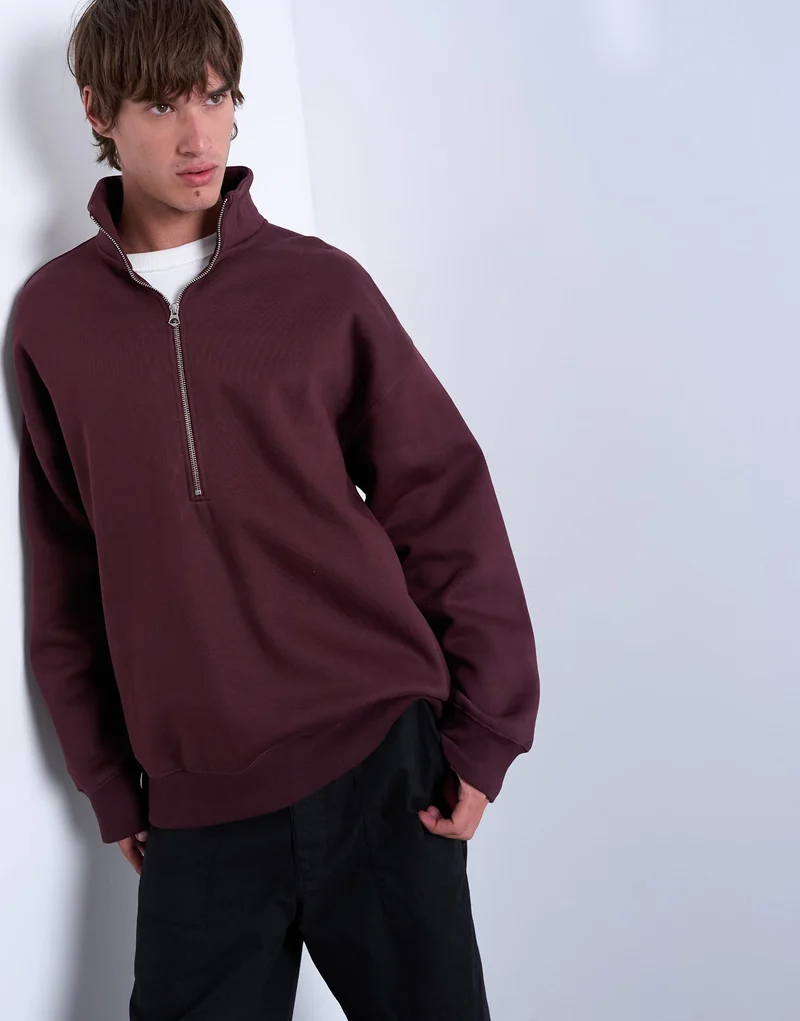 Topman premium oversized fit 1/4 zip funnel neck in burgundy