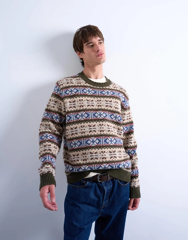 Topman fair isle knit crew neck jumper in khaki