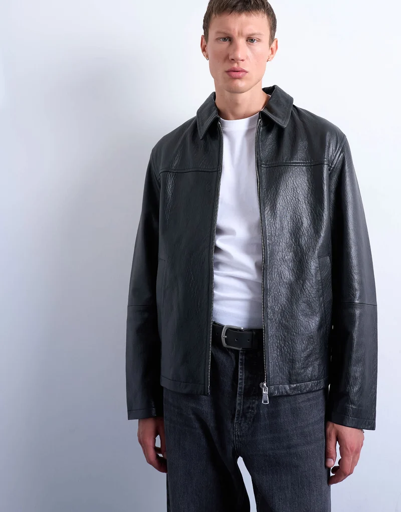 Topman real leather harrington jacket in black
