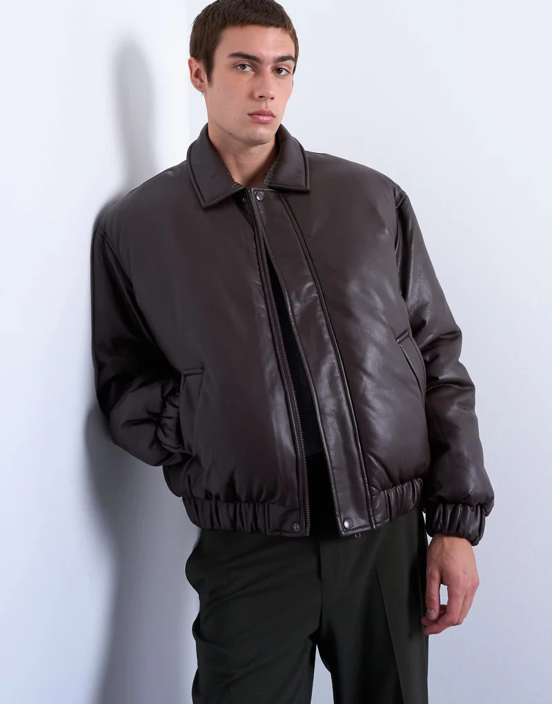 Topman faux leather puffer jacket in chocolate