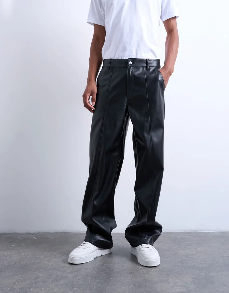 Topman baggy fit faux leather trouser in black