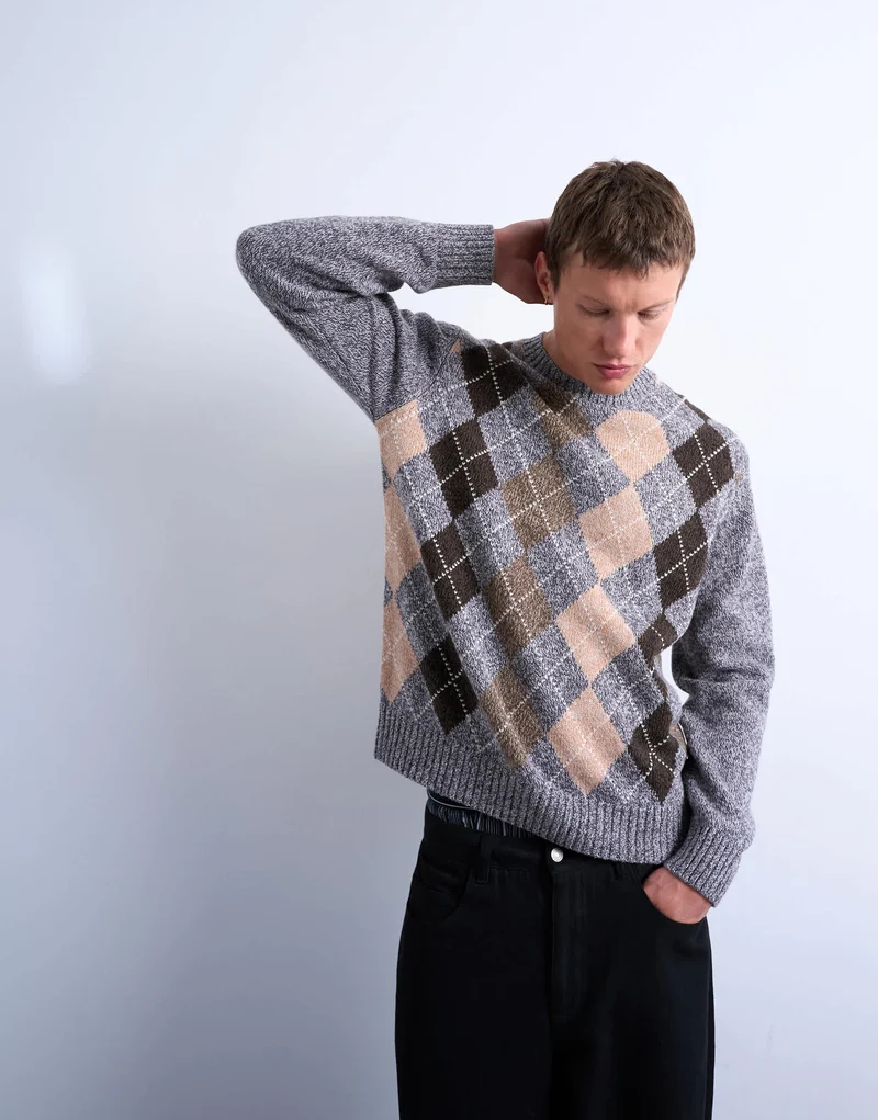 Topman argyle knit crew in brown