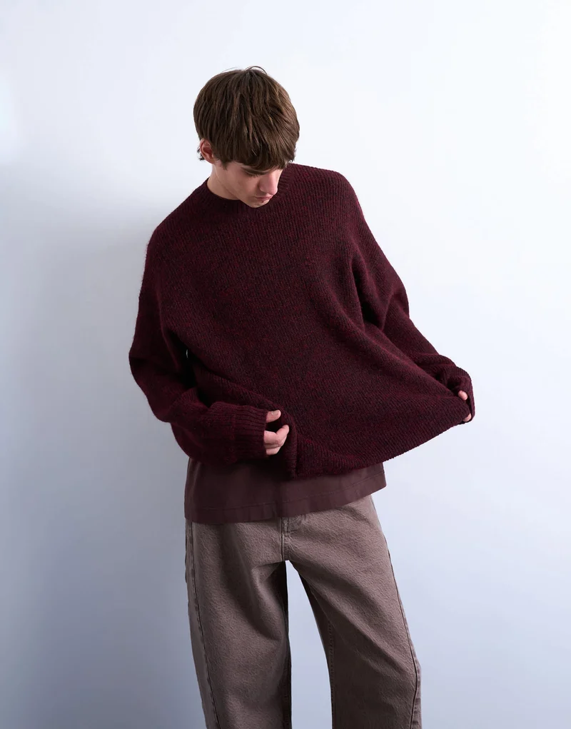 Topman oversized fit crew jumper in burgundy
