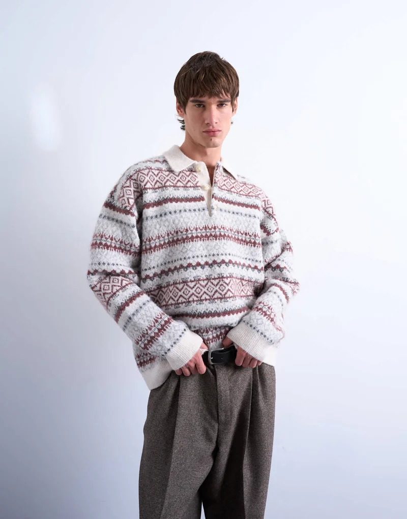 Topman regular fit fairisle stripe knitted polo in ecru