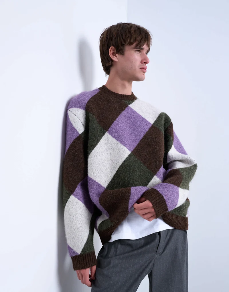 Topman relaxed fit knitted jumper with diamond design in brown
