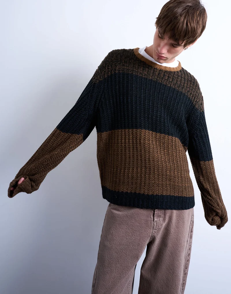 Topman oversized fit colour block stripe jumper in brown
