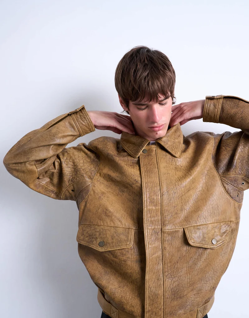 Topman real leather double pocket coat in tan