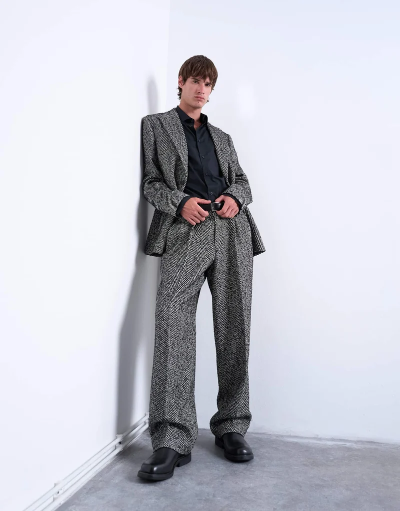 Topman wide leg wool blend herringbone trousers in black