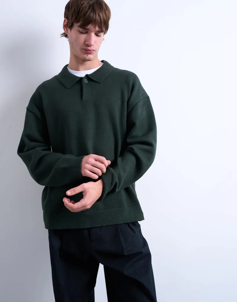 Topman knitted smart polo jumper in dark green