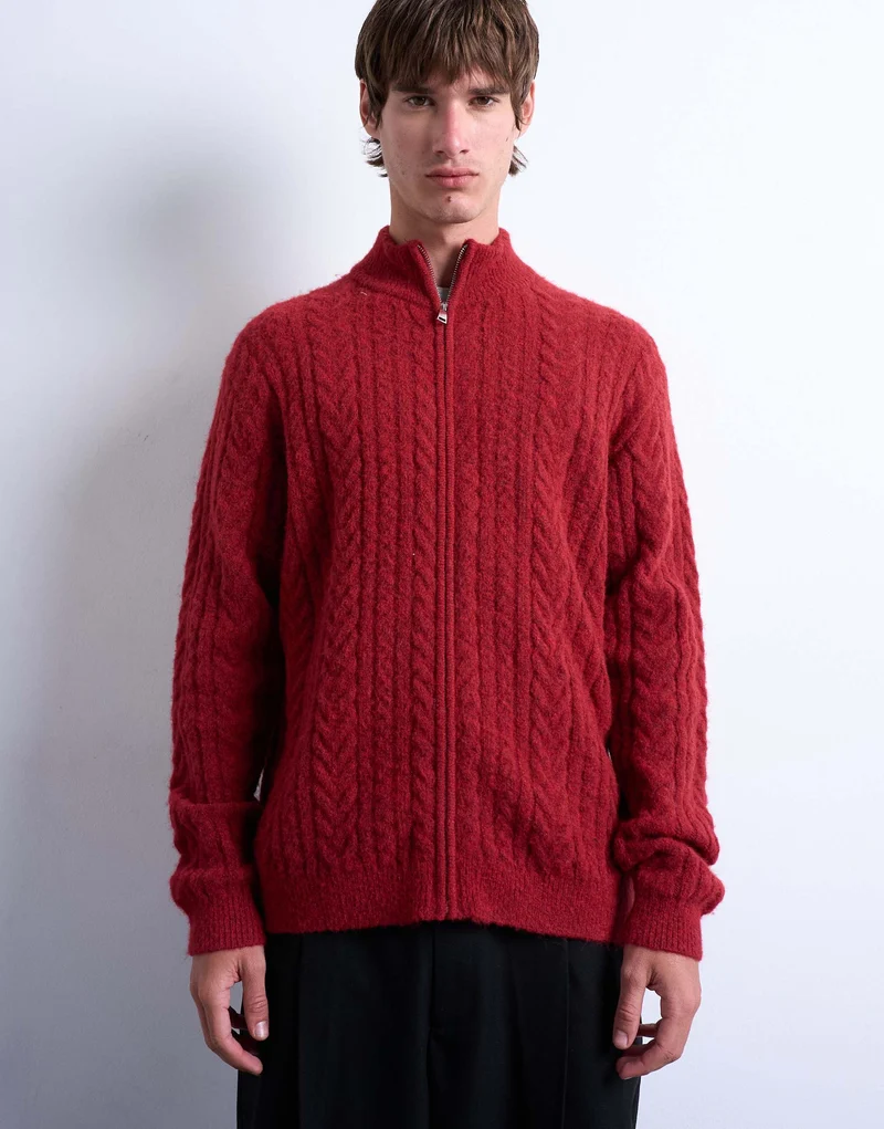 Topman cable knitted zip through funnel neck cardigan in red