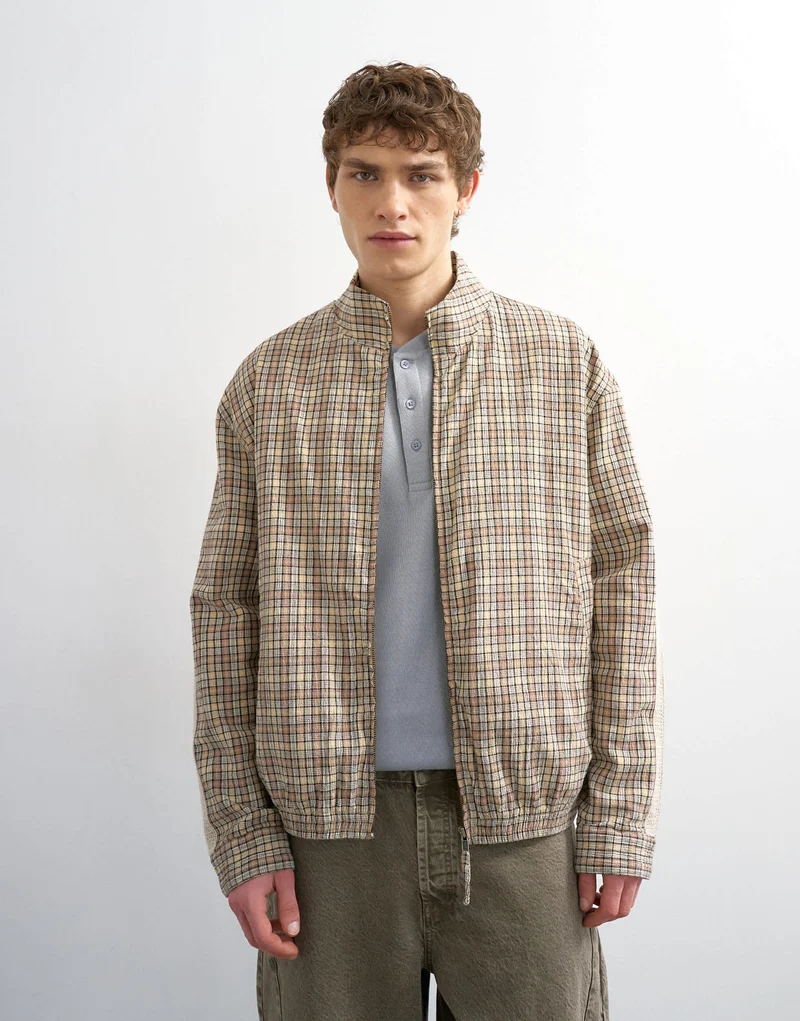 Topman textured check Harrington in brown
