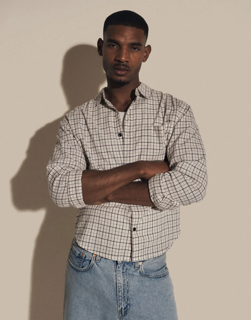 Topman relaxed crop fit check shirt in ecru