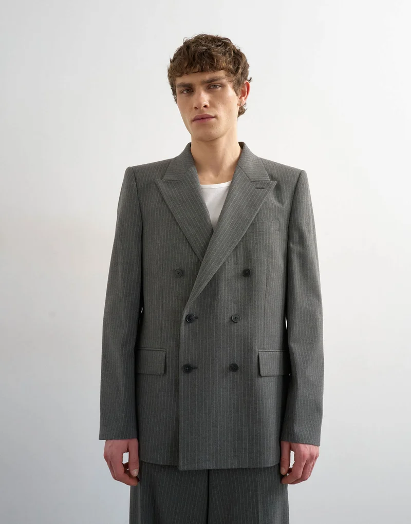 Topman relaxed pinstripe double breasted suit jacket in charcoal