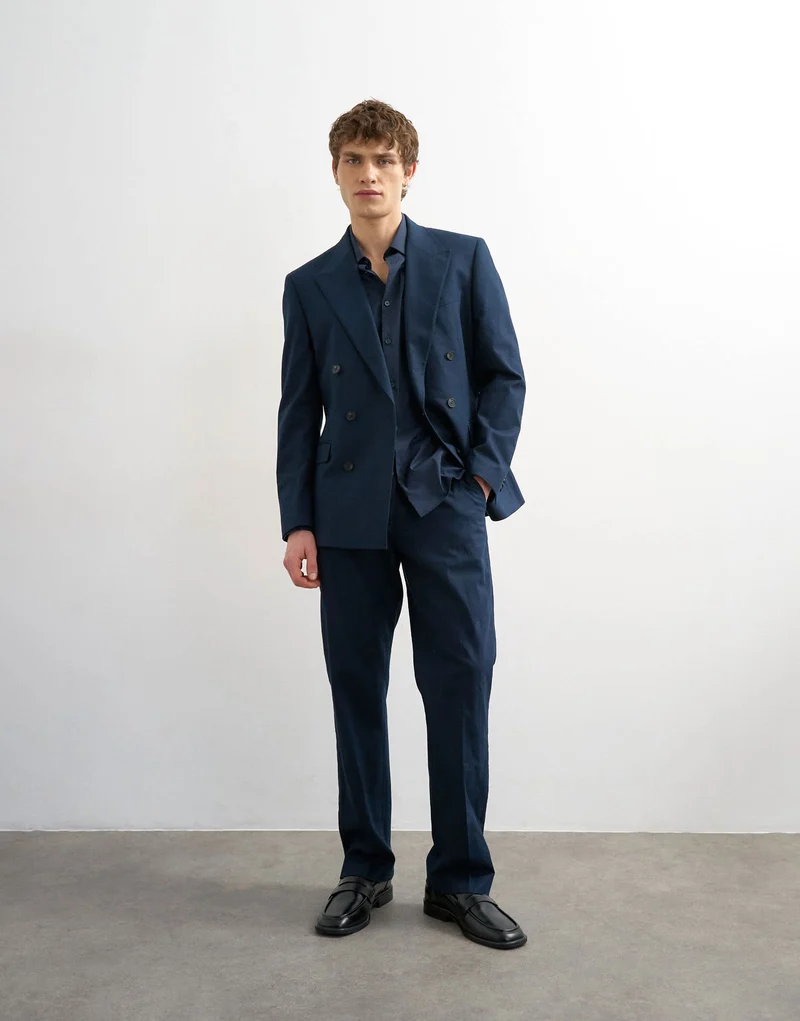 Topman straight fit linen rich trousers in navy