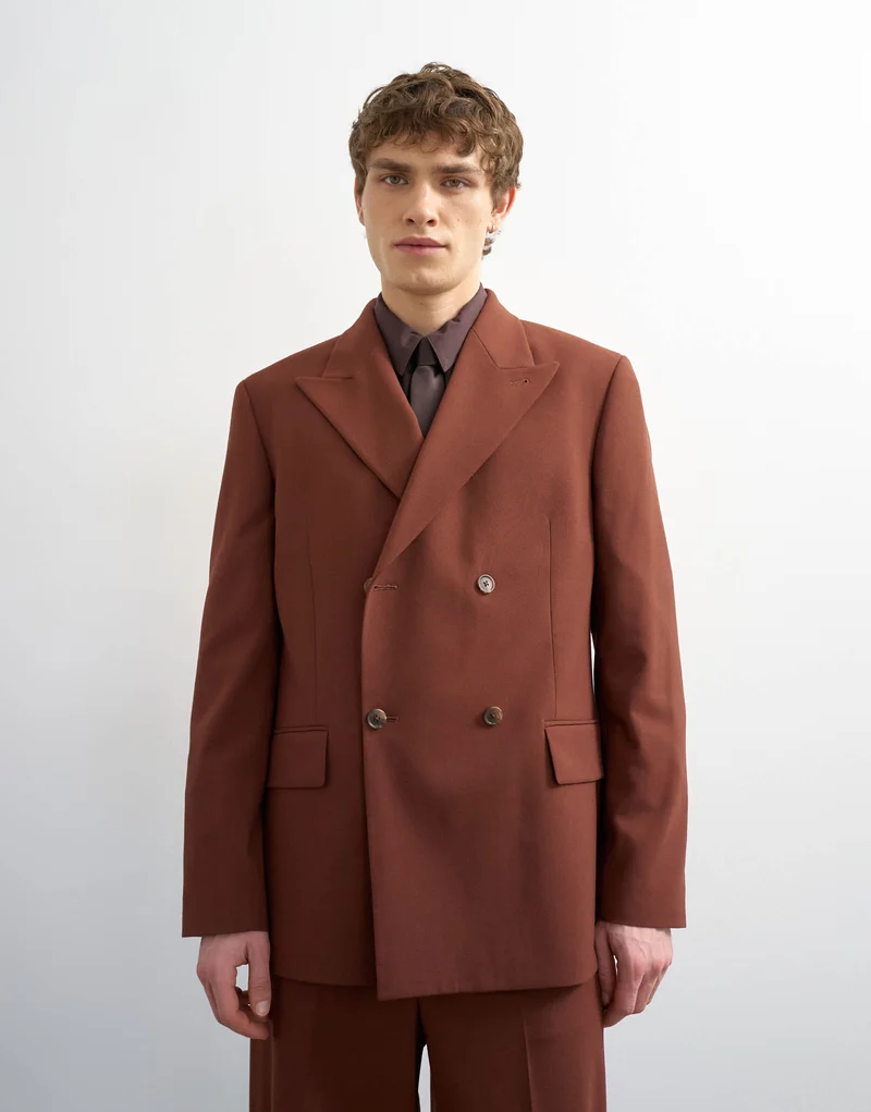 Topman relaxed double breasted wool touch suit jacket in rust