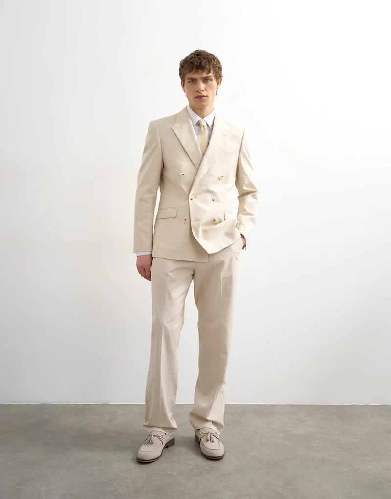 Topman straight fit linen rich trousers in stone