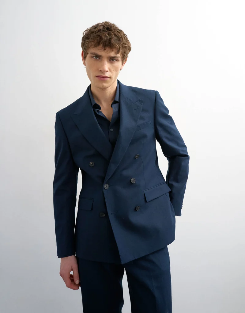 Topman double breasted linen rich blazer in navy