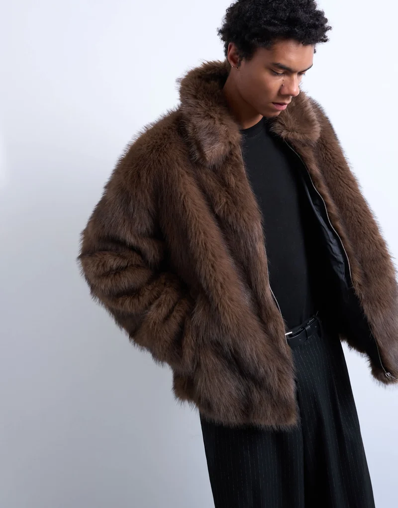 Topman faux fur zip through coat in brown