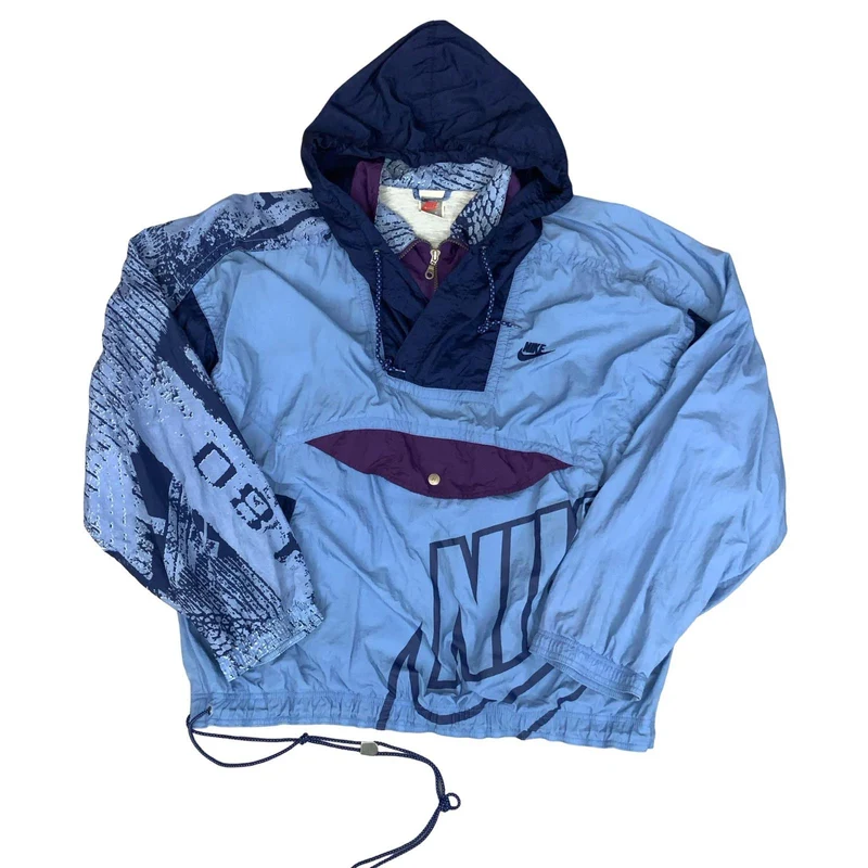 VTG 80s 'NIKE' BLUE PURPLE 1/4 ZIP PULLOVER HOODED TRACK JACKET WINDBREAKER 2XL