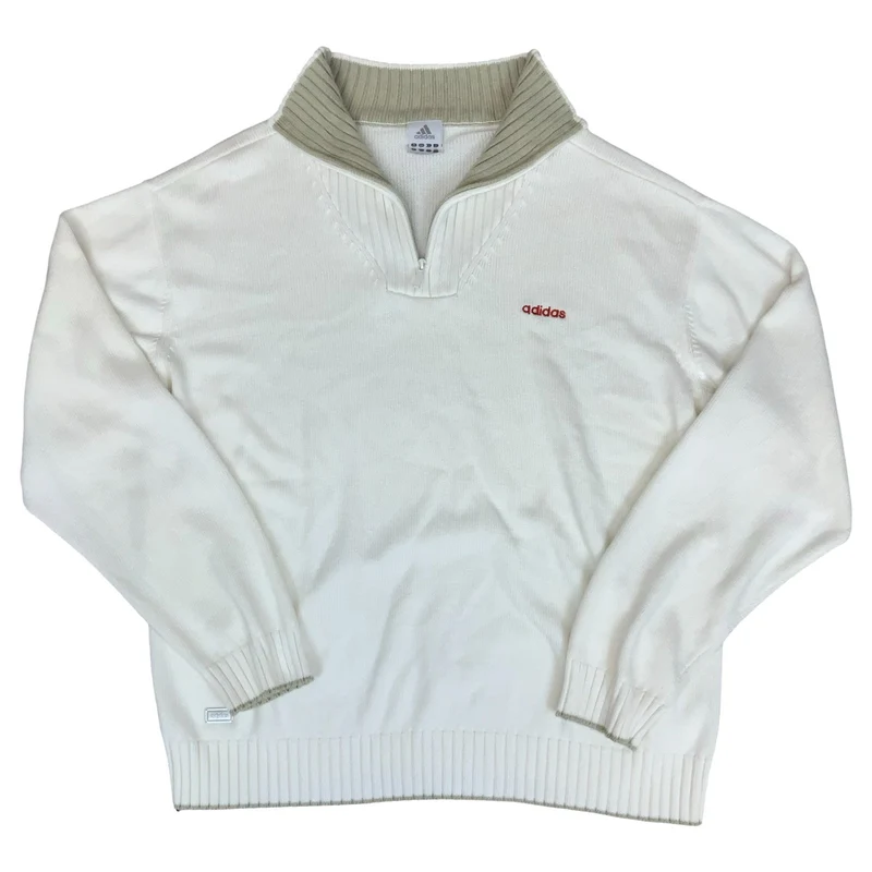 VTG 'ADIDAS' WHITE BEIGE RIBBED 1/4 ZIP NECK KNIT PULLOVER CASUAL SWEATSHIRT 2XL