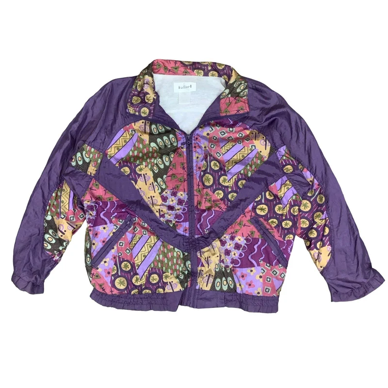 80s 'RAFAEL' COLOURFUL PURPLE GEOMETRIC RETRO WINDBREAKER SHELL JACKET XL