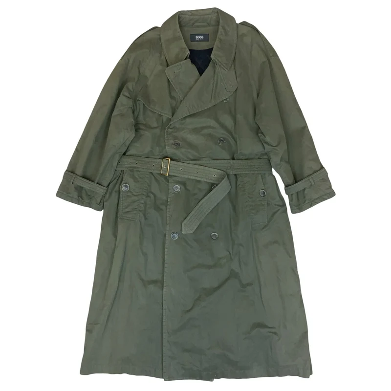 VTG 90s 'HUGO BOSS' ARMY GREEN DOUBLE-BREASTED BELTED MILITARY TRENCH COAT L/XL